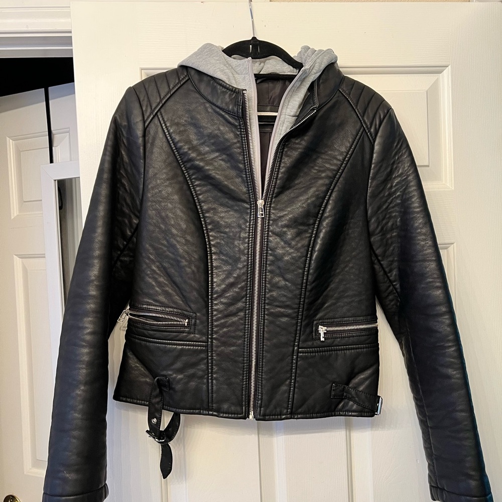 Wildflowers Black Leather Jacket with Gray Hoodie